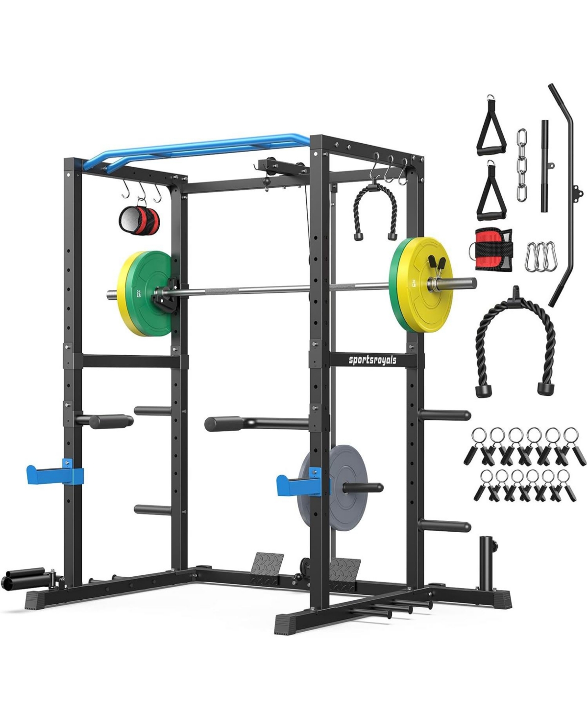Fed Fitness Power Rack Cage with 140LB Weight Plates and 7FT Olympic Barbell, All-in-One Home Gym Squat Rack Workout Station with Pulley System – Blue