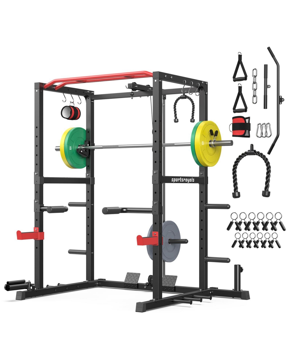 Fed Fitness Power Rack Cage with 140LB Weight Plates and 7FT Olympic Barbell, All-in-One Home Gym Squat Rack Workout Station with Pulley System – Red