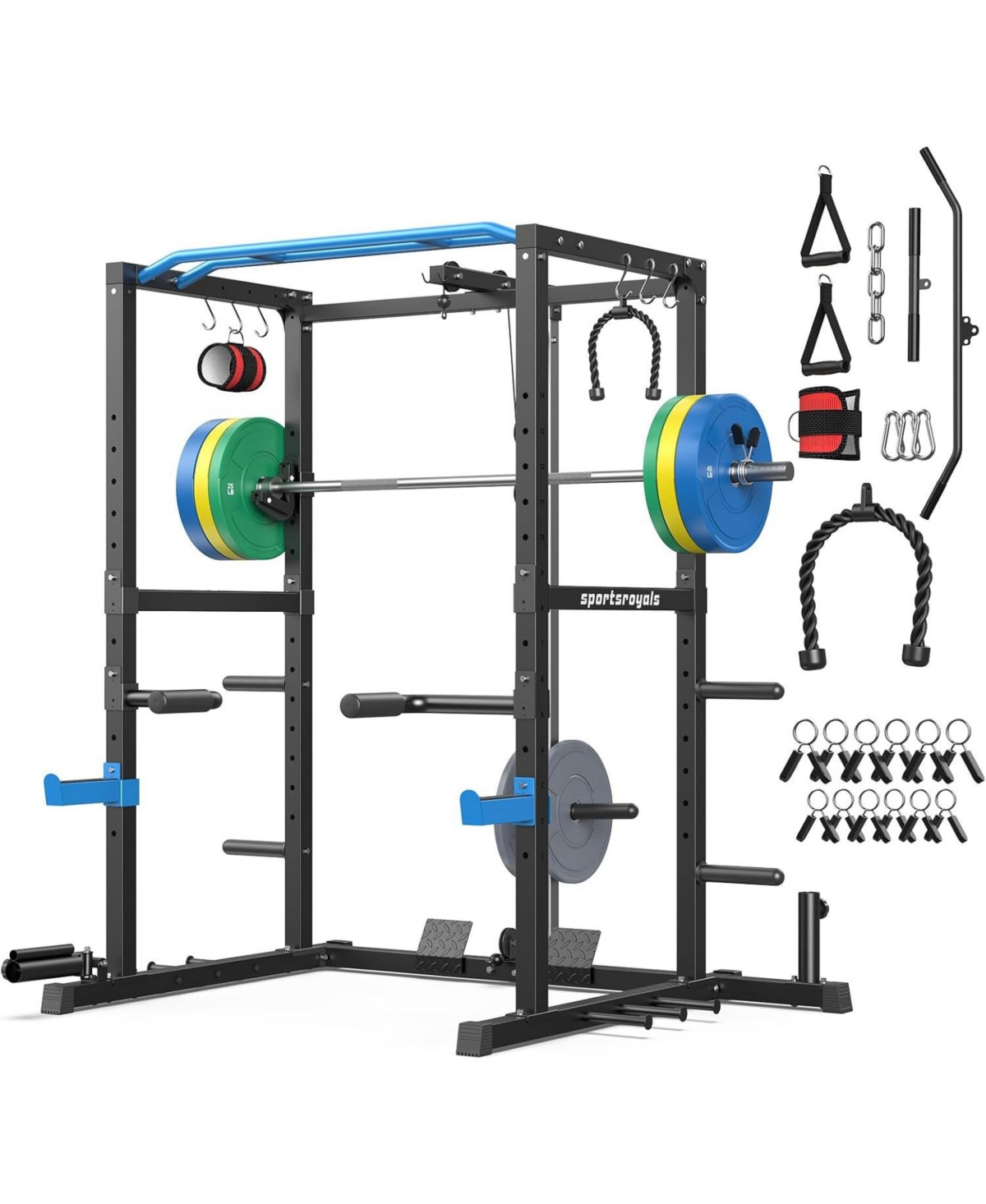 Fed Fitness Power Rack Cage with Weight Plates and 7FT Olympic Barbell, All-in-One Home Gym Squat Rack Workout Station with Pulley System – Blue Fed Fitness Power Rack Cage with Weight Plates and 7FT Olympic Barbell, All-in-One Home Gym Squat Rack Workout Station with Pulley System – Blue