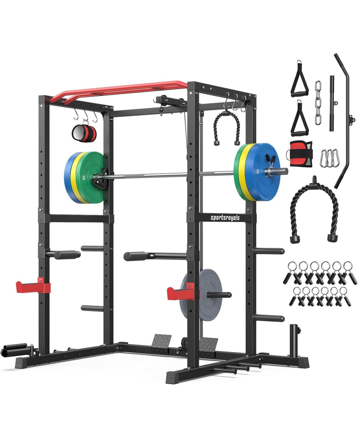 Fed Fitness Power Rack Cage with Weight Plates and 7FT Olympic Barbell, All-in-One Home Gym Squat Rack Workout Station with Pulley System – Red Fed Fitness Power Rack Cage with Weight Plates and 7FT Olympic Barbell, All-in-One Home Gym Squat Rack Workout Station with Pulley System – Red