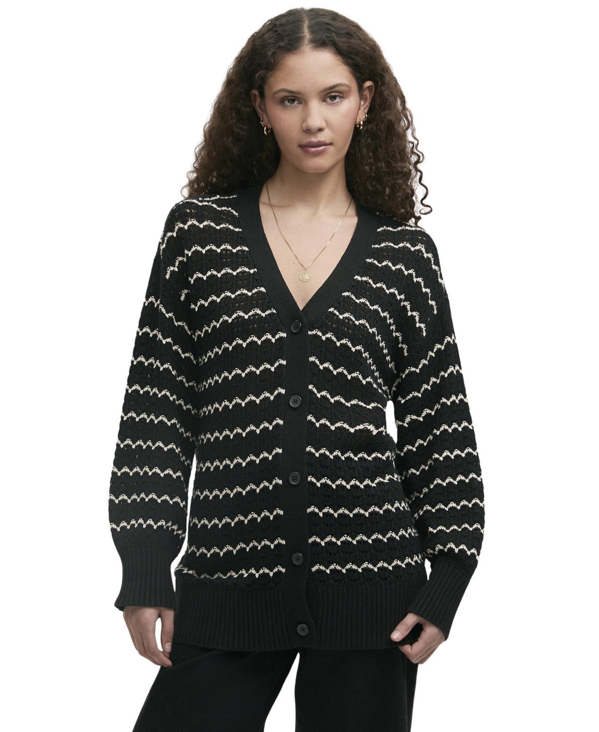 Finery London Women’s Alena Striped Crochet Cardigan – Black Finery London Women’s Alena Striped Crochet Cardigan – Black