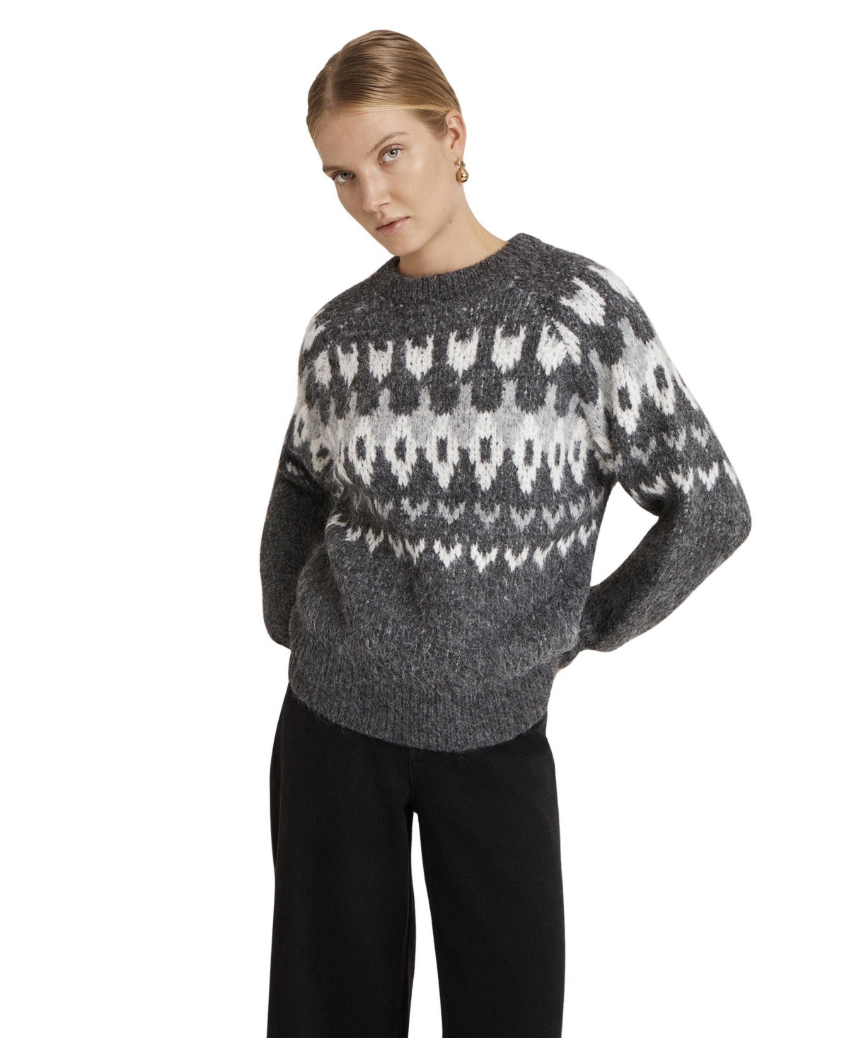Finery London Women’s Belinda Fair Isle Long-Sleeve Round Neck Sweater – Grey marl