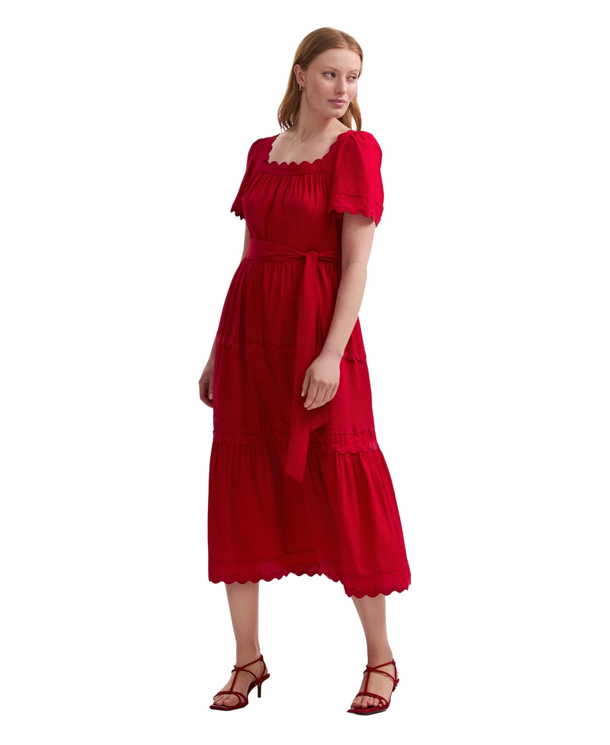 Finery London Women’s Corina Cotton Midi Tiered Dress – Red
