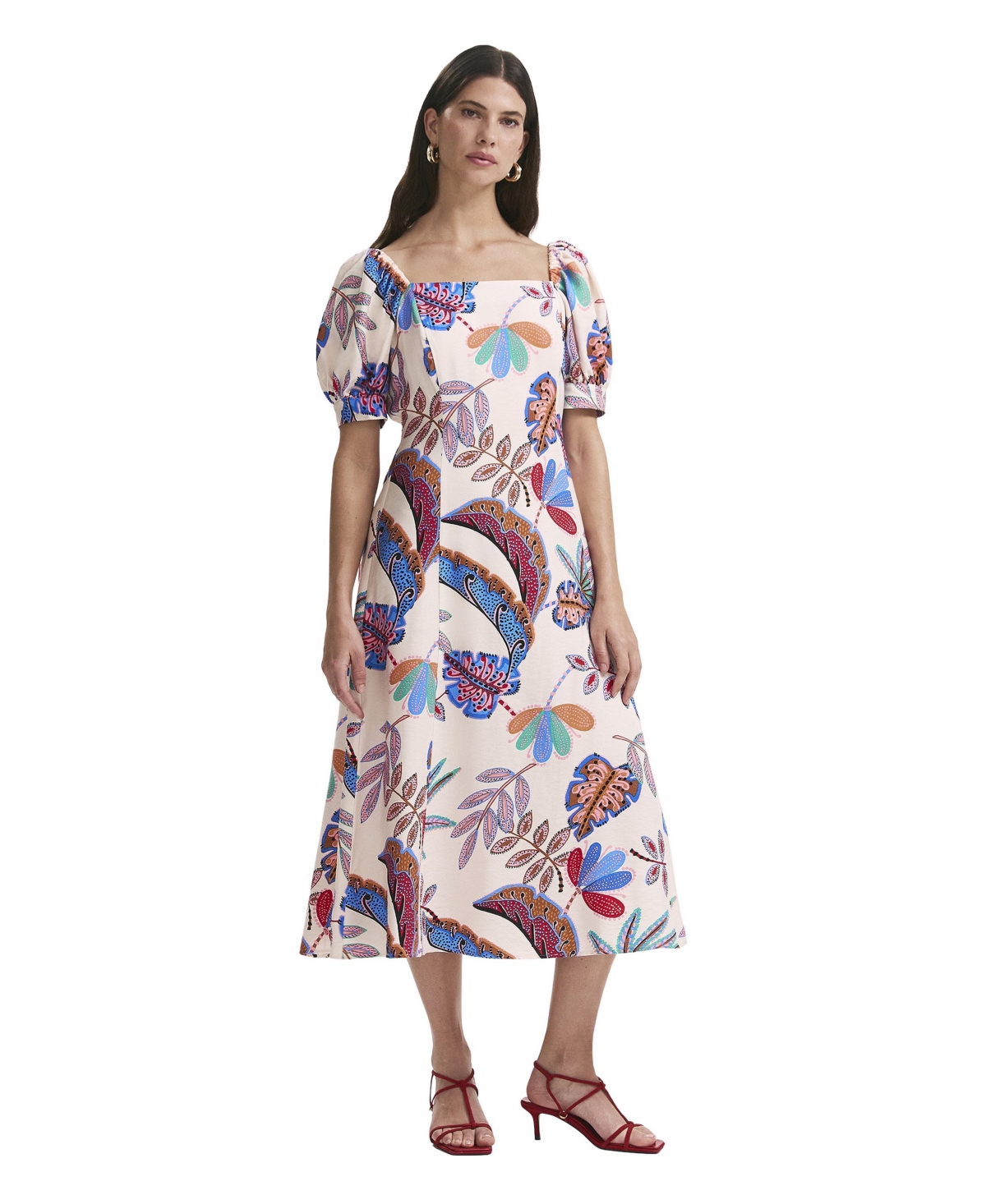 Finery London Women’s Daisy Square Neck Midi Dress – Cream leaves