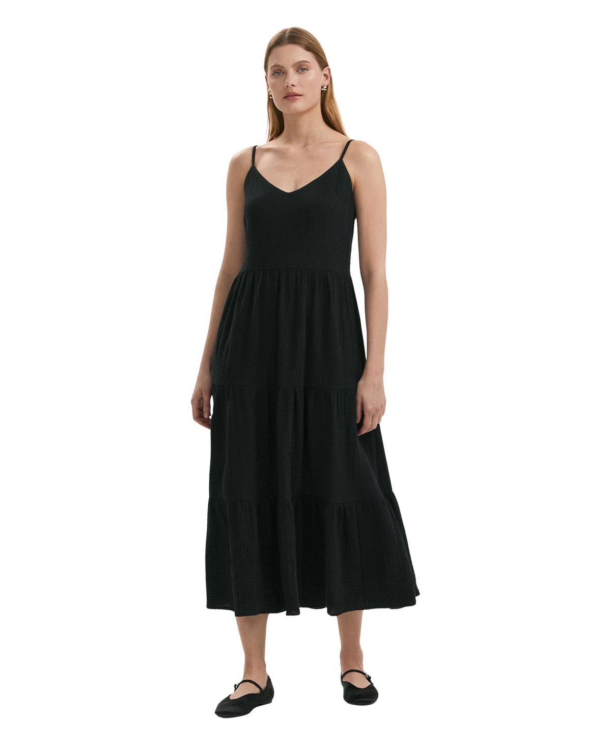 Finery London Women’s Emmie Cotton Strappy Midi Tiered Dress – Black Finery London Women’s Emmie Cotton Strappy Midi Tiered Dress – Black
