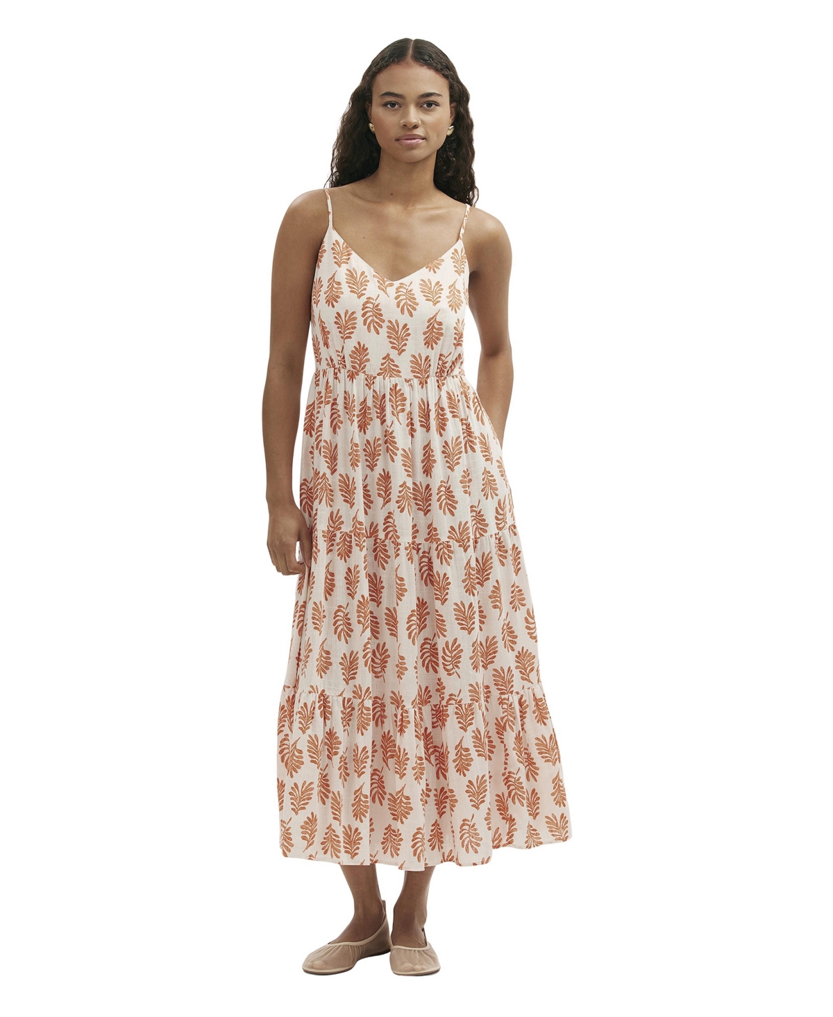 Finery London Women’s Emmie Cotton Strappy Midi Tiered Dress – Ivory woodblock Finery London Women’s Emmie Cotton Strappy Midi Tiered Dress – Ivory woodblock
