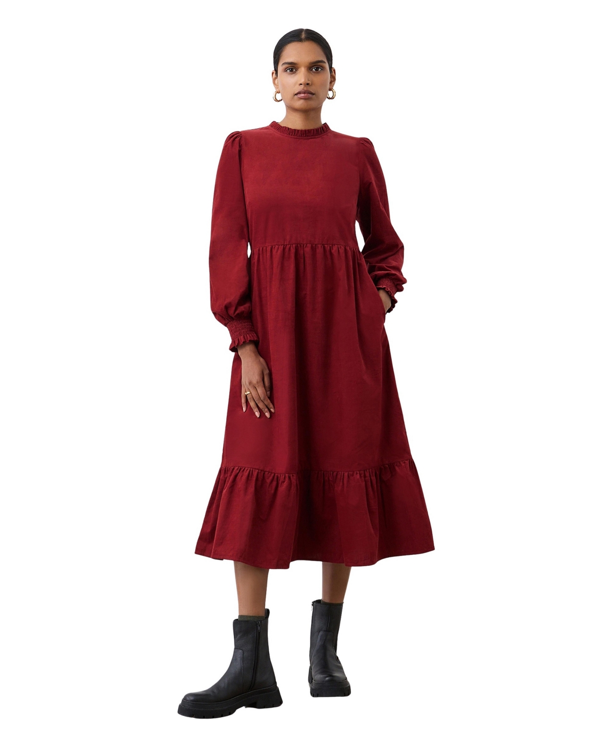 Finery London Women’s Esme Long Sleeve Corduroy Midi Dress – Rust