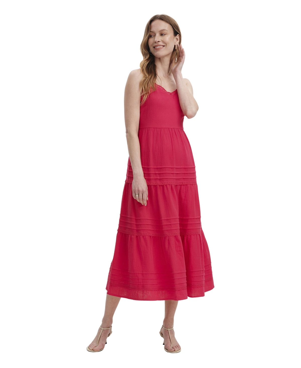 Finery London Women’s Hazel Cotton Cheesecloth Midi Dress – Bright pink