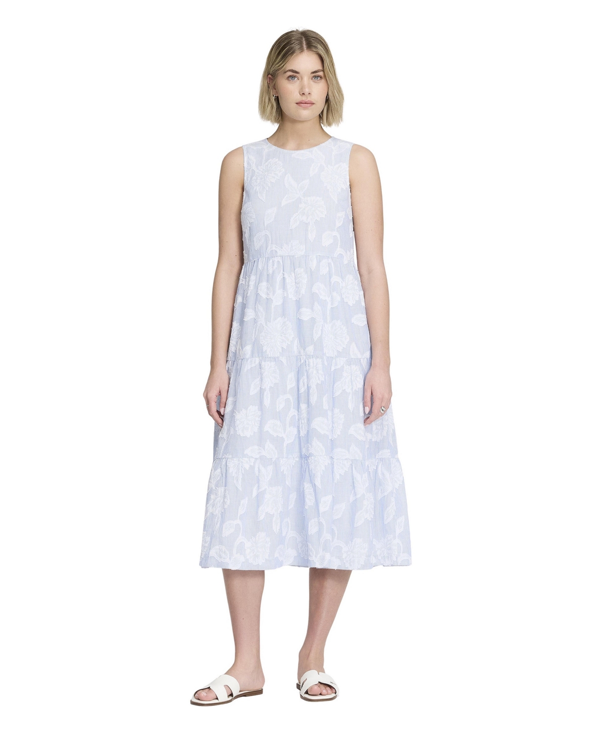 Finery London Women’s Hollie Sleeveless Tiered Dress – Blue floral stripe