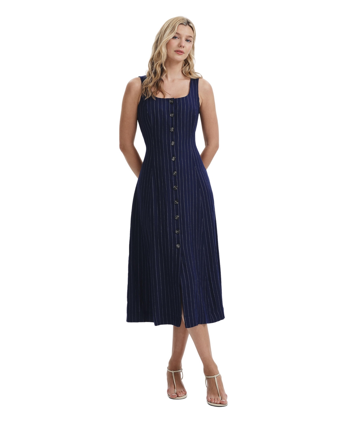 Finery London Women’s Jillian Stripe Button Through Dress – Navy stripe