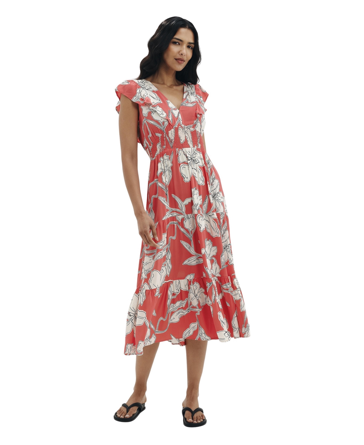Finery London Women’s Mattie V-Neck Tiered Midi Dress – Red floral Finery London Women’s Mattie V-Neck Tiered Midi Dress – Red floral