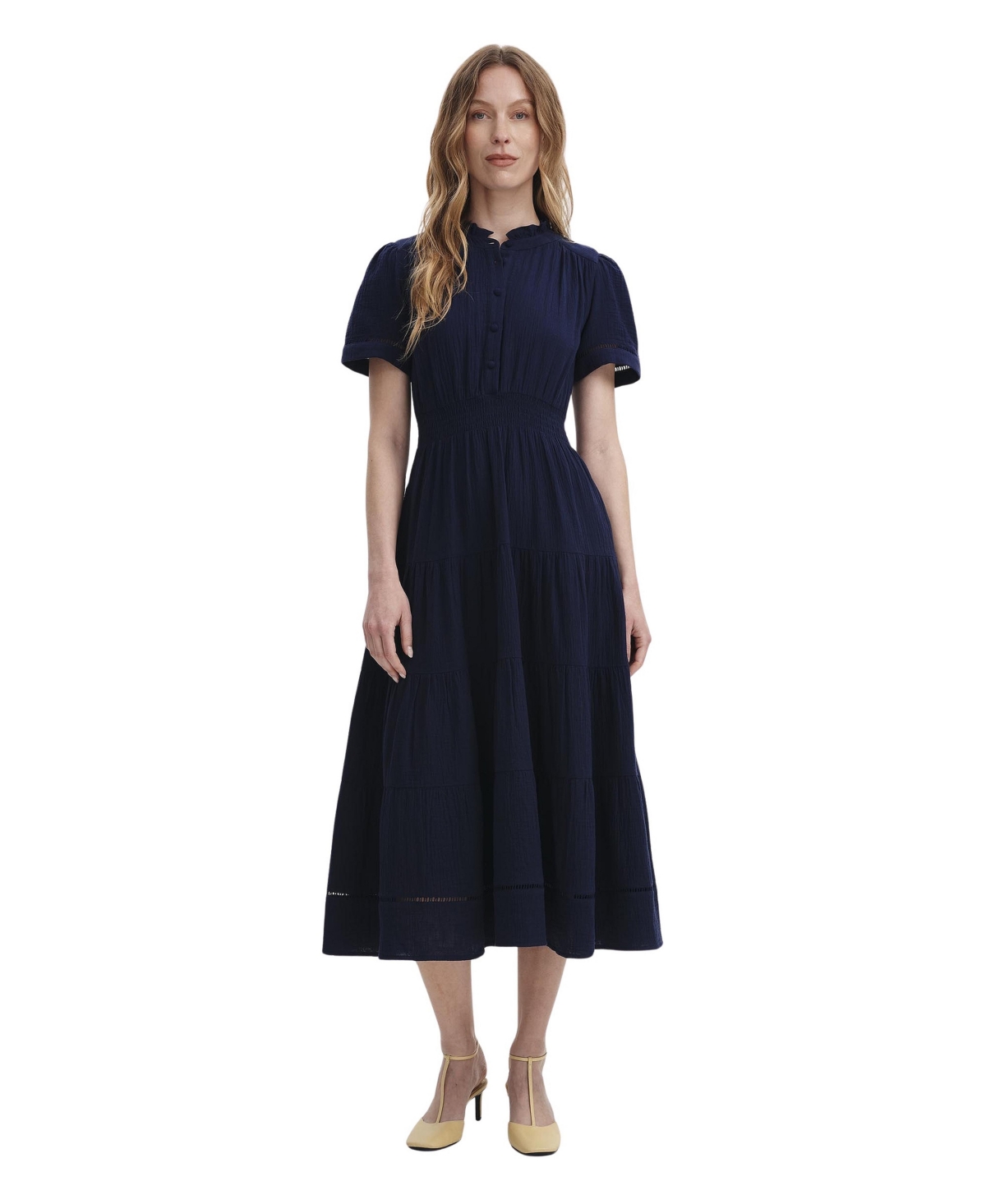 Finery London Women’s Natalia Cotton Cheesecloth Midi Dress – Navy