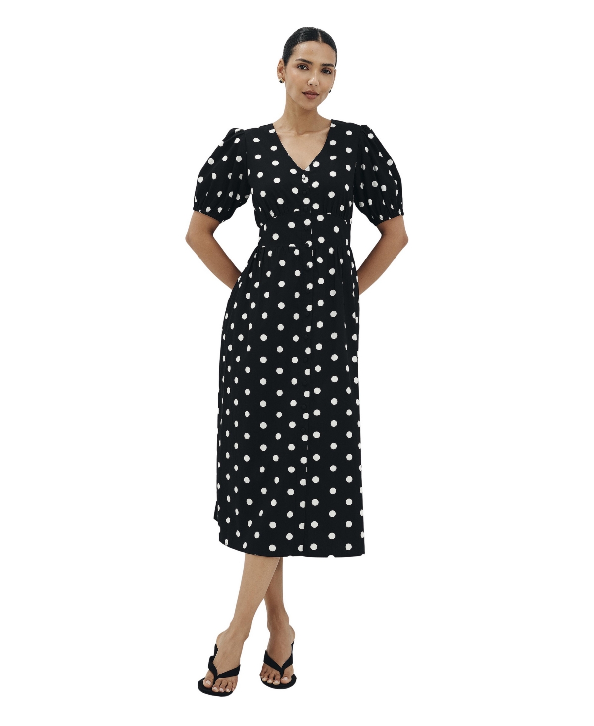 Finery London Women’s Petite Addison Cotton V-Neck Midi Dress – Black spot Finery London Women’s Petite Addison Cotton V-Neck Midi Dress – Black spot