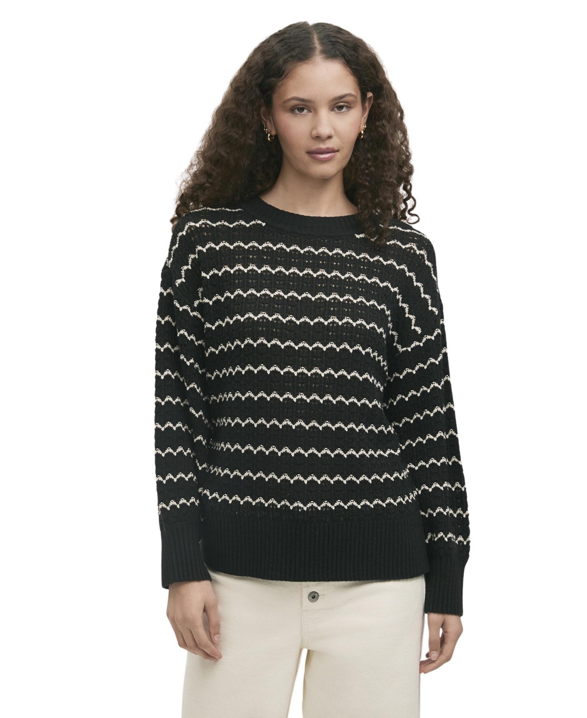 Finery London Women’s Sansa Crochet Striped Long-Sleeve Sweater – Black Finery London Women’s Sansa Crochet Striped Long-Sleeve Sweater – Black