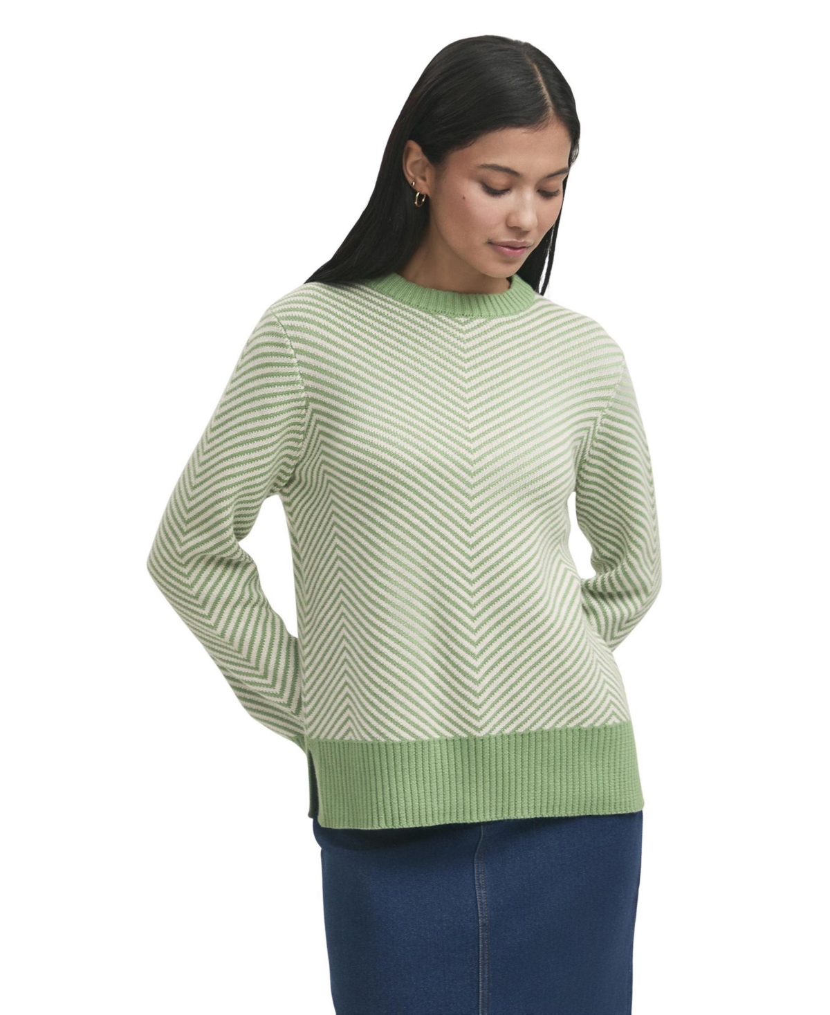 Finery London Women’s Stella Chevron-Striped Long-Sleeve Crewneck Sweater – Green chevron