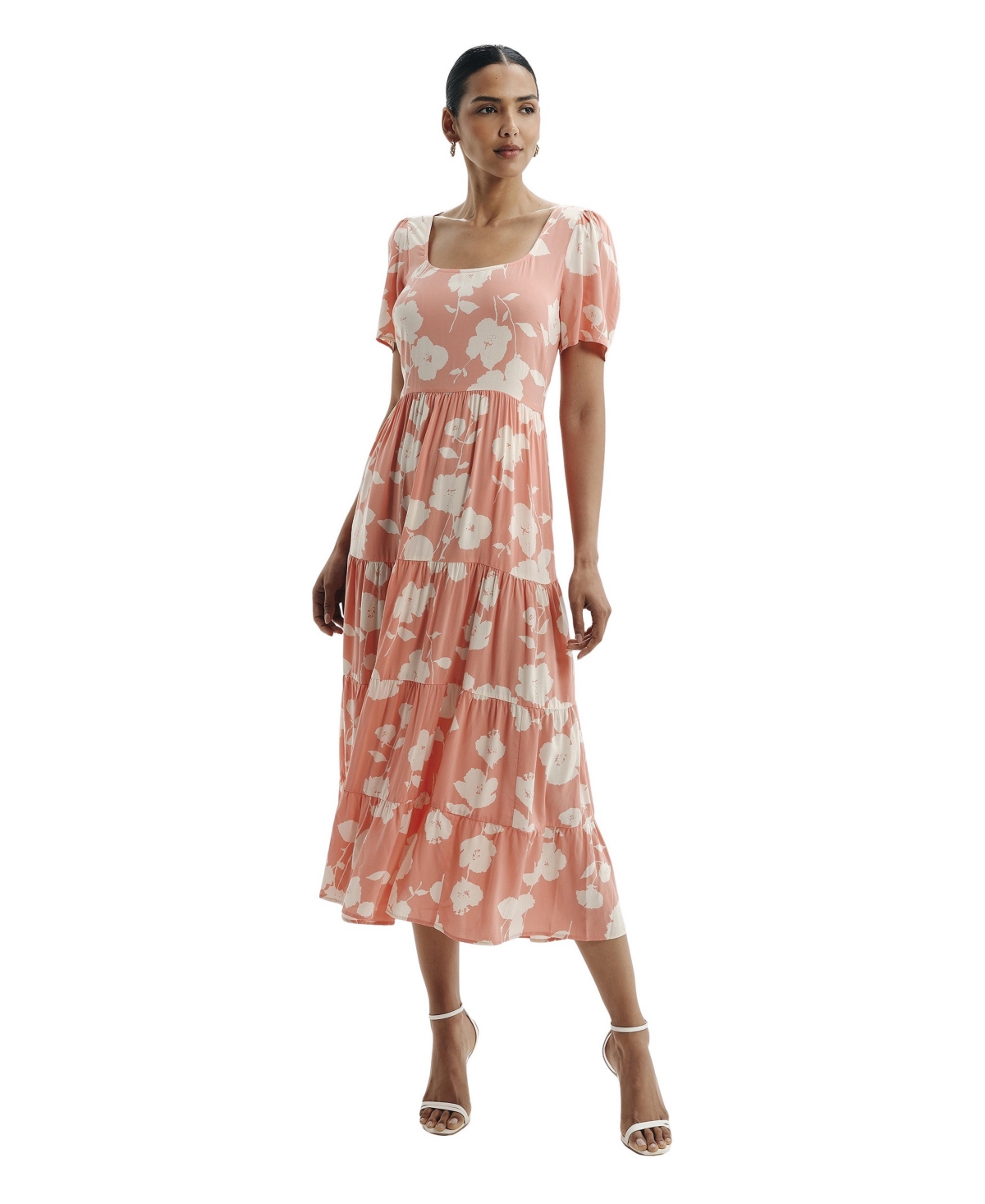 Finery London Women’s Teresa Printed Tiered Midi Dress – Coral floral