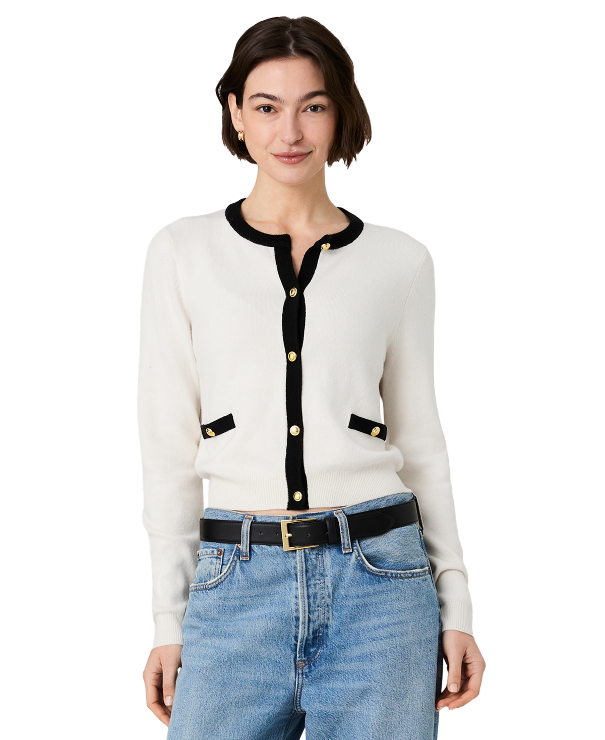 French Connection Women’s Button-Front Fitted Cardigan – Porcelain Cream/Black French Connection Women’s Button-Front Fitted Cardigan – Porcelain Cream/Black