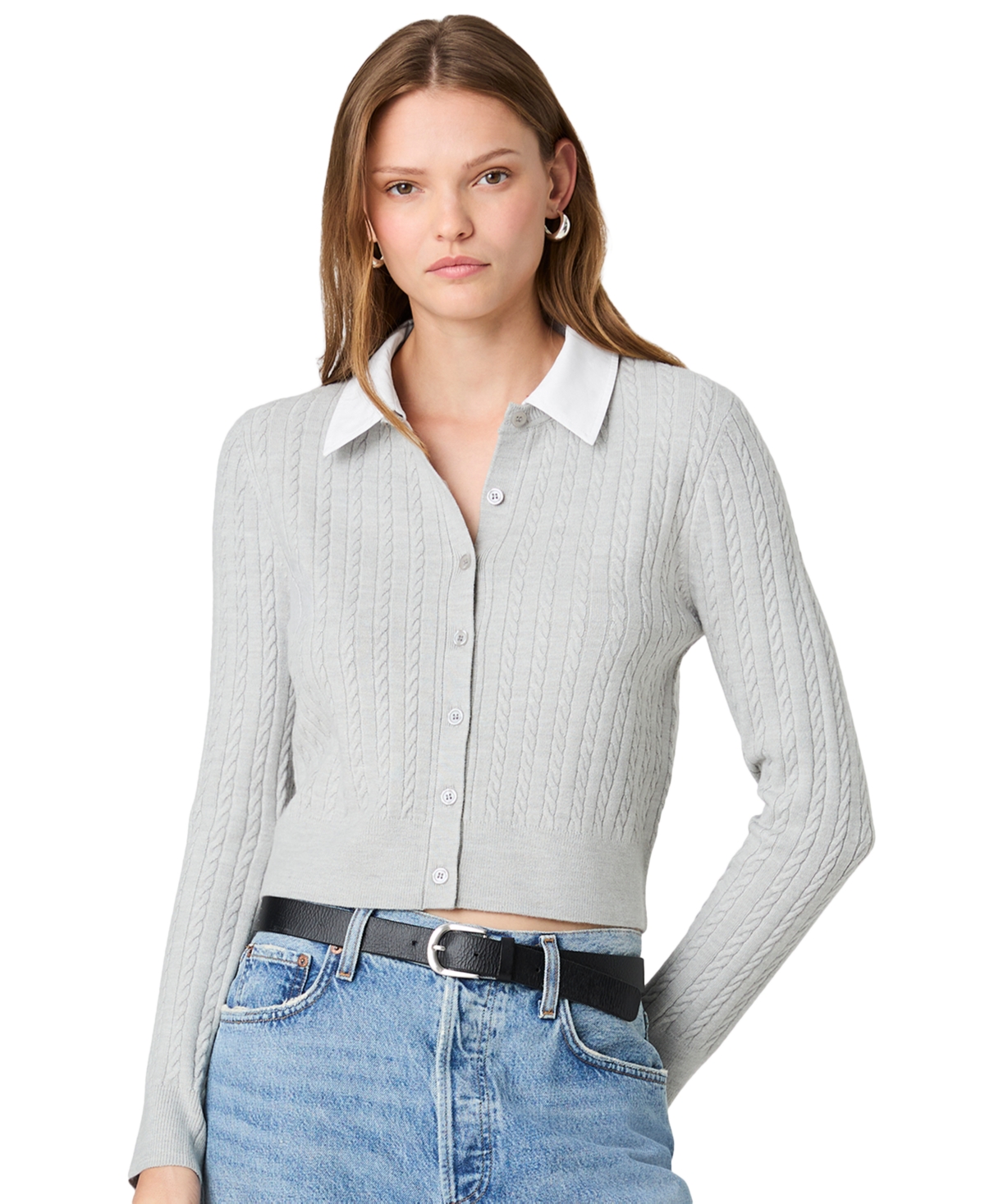 French Connection Women’s Cable-Knit Collared Cardigan – Light Heather Gray/white