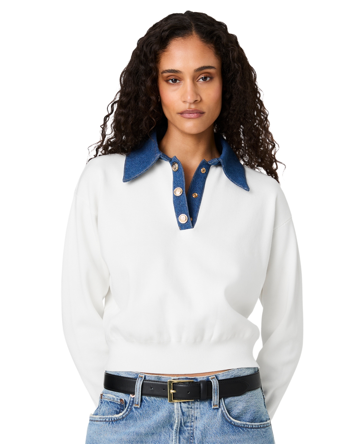 French Connection Women’s Denim Knit Collared Sweater – Cream And Blue