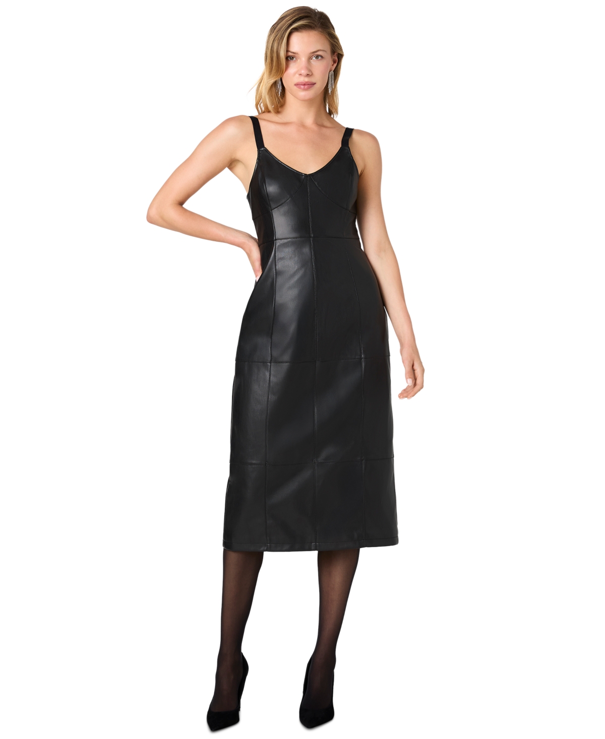 French Connection Women’s Dessa Faux Leather V-Neck Sleeveless Midi Dress – Black