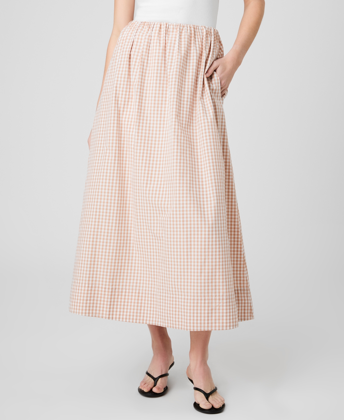 French Connection Women’s Gingham Ruched Waist Midi Skirt – Petite Gingham Almond Nude