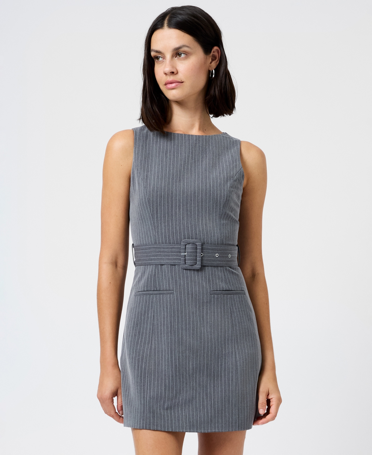 French Connection Women’s Minka Pinstripe Belted Boat Neck Mini Dress – Steel Haze White French Connection Women’s Minka Pinstripe Belted Boat Neck Mini Dress – Steel Haze White