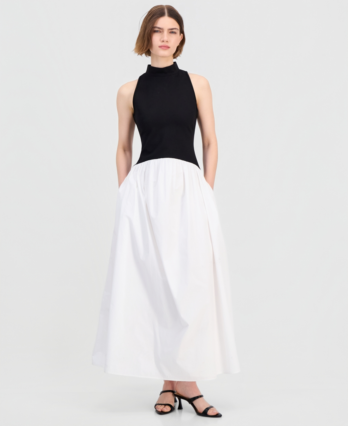 French Connection Women’s Mixed-Media Maxi Dress – Black/ Summer White French Connection Women’s Mixed-Media Maxi Dress – Black/ Summer White