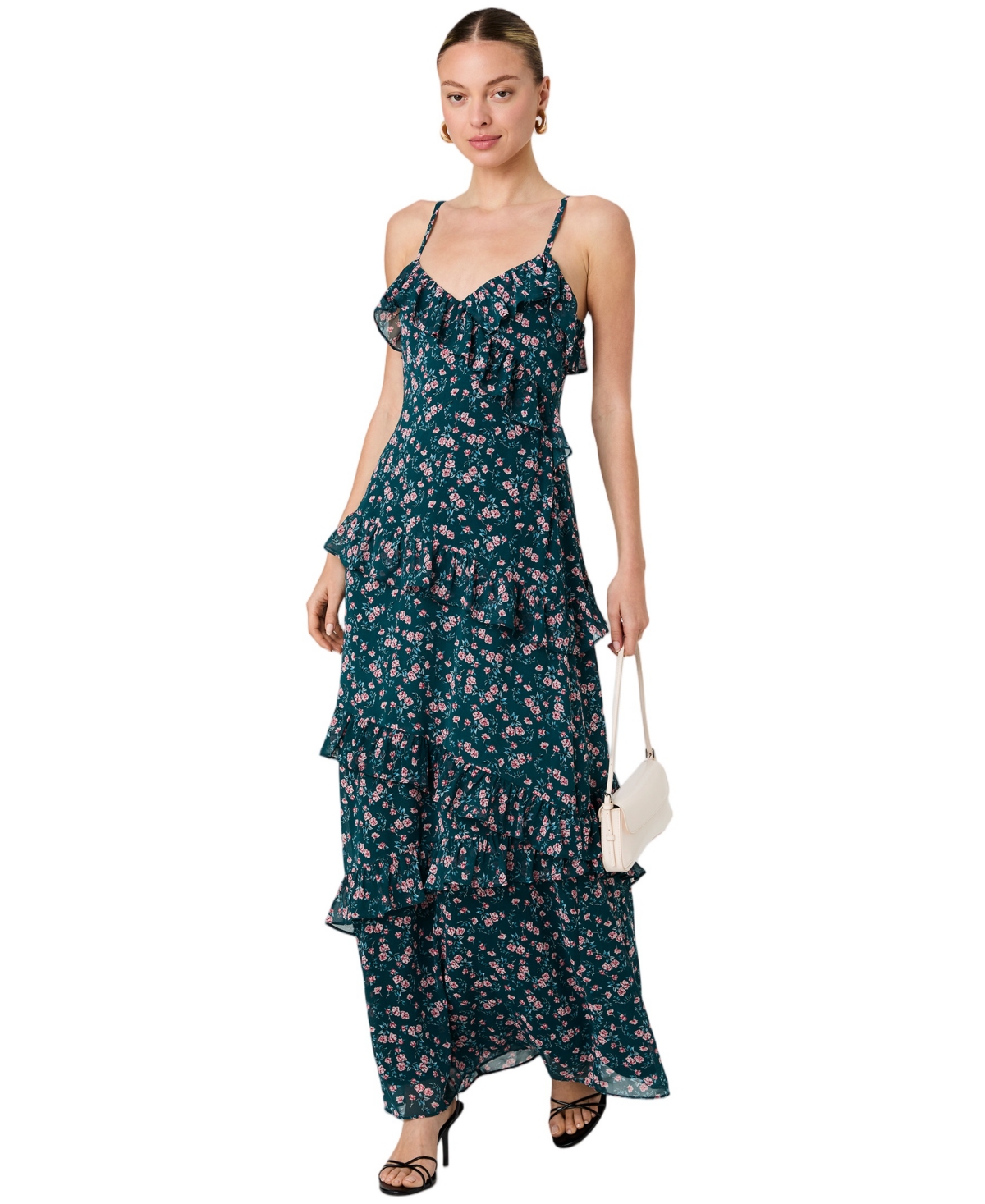 French Connection Women’s Printed V-Neck Maxi Dress – Deep Teal Multi