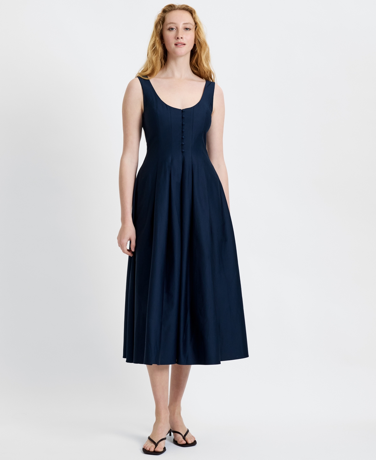 French Connection Women’s Satin Fit And Flare Scoop Neck Midi Dress – Marine