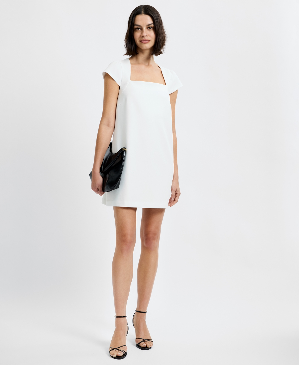 French Connection Women’s Square Neck Whisper Cap Sleeve Shift Mini Dress – Summer white