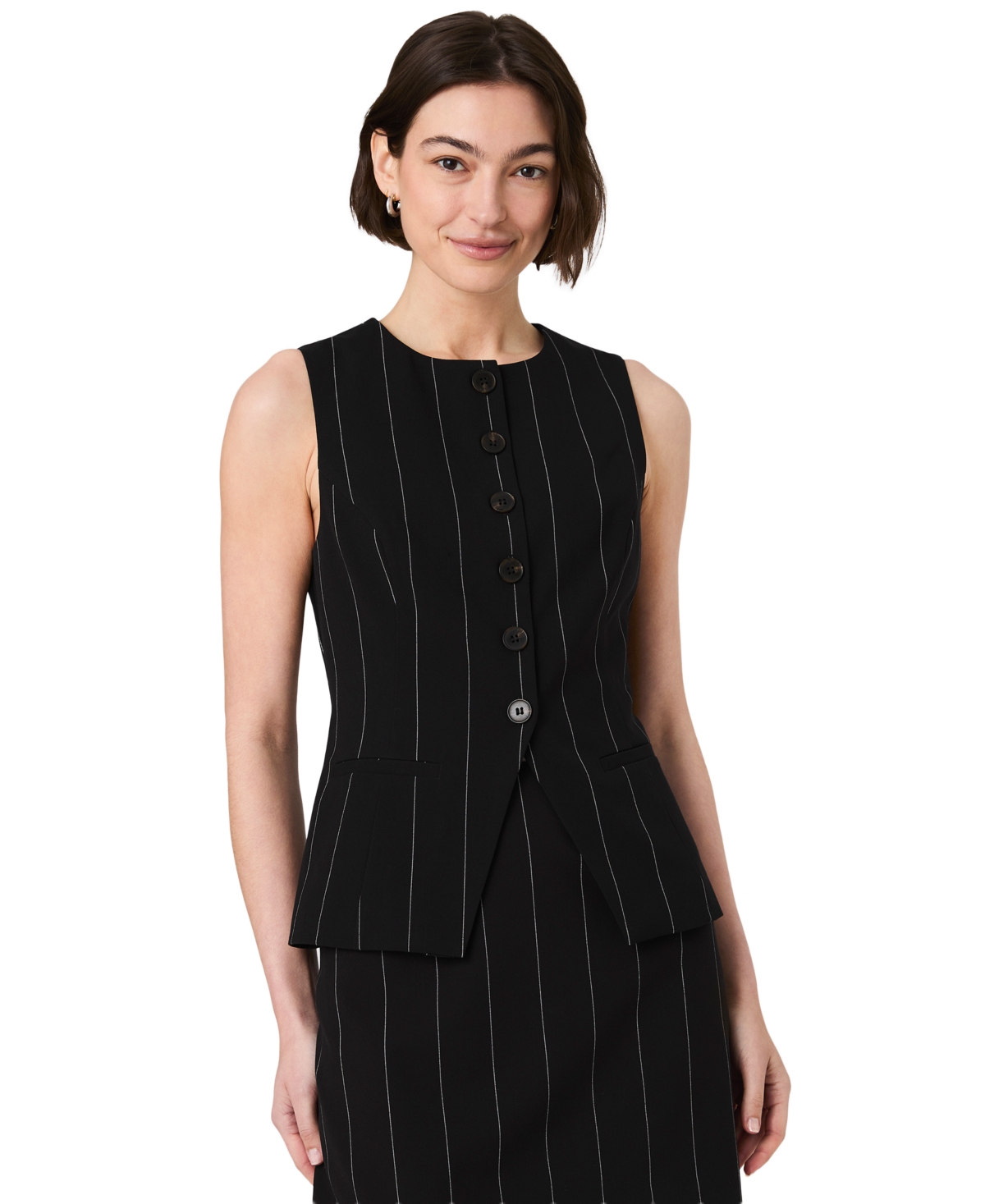 French Connection Women’s Wide Pinstripe Suiting Sleeveless Peplum Top – Black/White Wide Pinstripe French Connection Women’s Wide Pinstripe Suiting Sleeveless Peplum Top – Black/White Wide Pinstripe