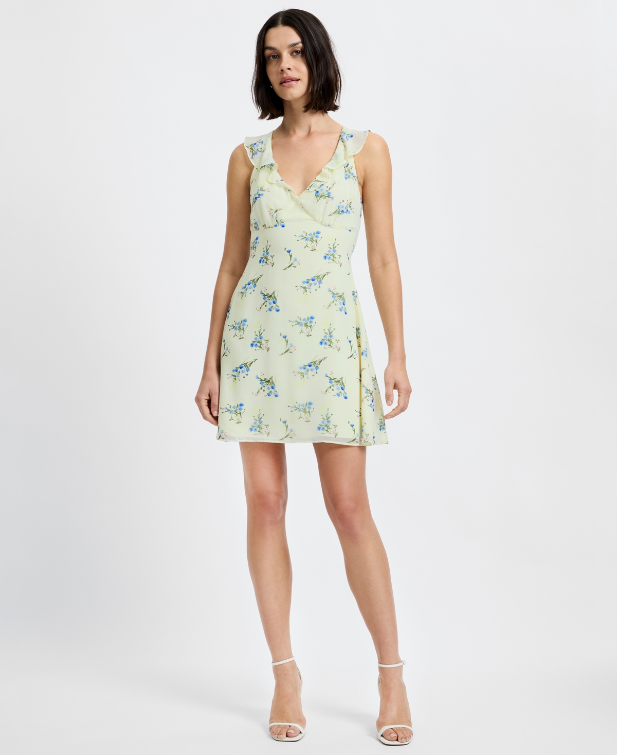French Connection Women’s Yellow Floral V-Neck Sleeveless Mini Dress – Cucumber crush