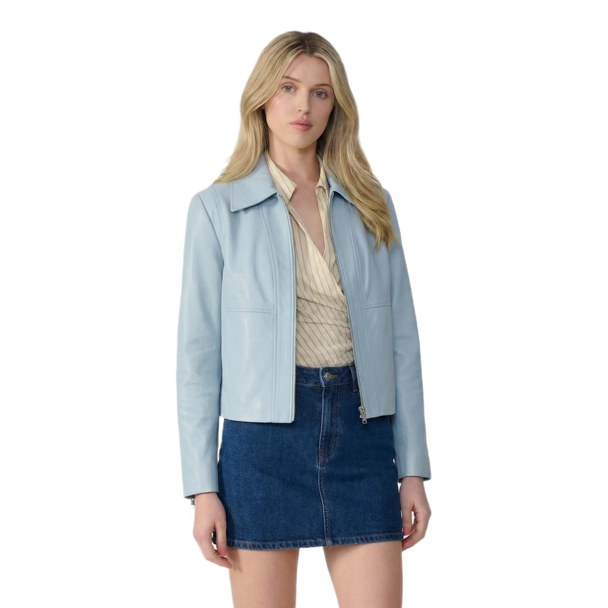 Furniq Uk Women’s Leather Jacket – Light/pastel blue Furniq Uk Women’s Leather Jacket – Light/pastel blue