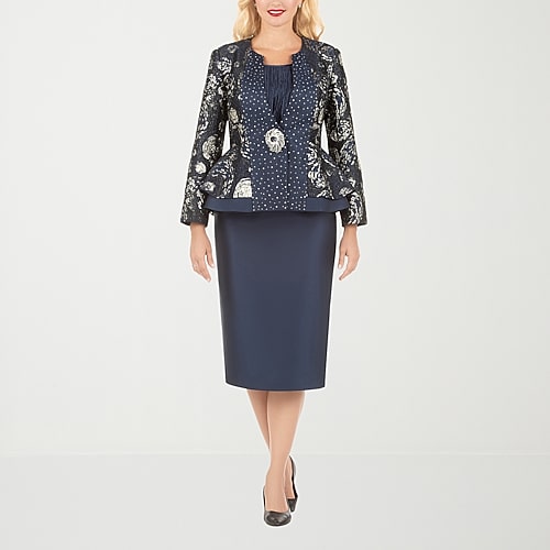 Giovanna Collection 3-pc. Brocade Skirt Suit, 12, Blue