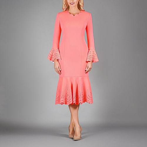 Giovanna Collection Womens Midi Scallop Neck Long Sleeve Eyelet Sheath Dress, 12, Pink Giovanna Collection Womens Midi Scallop Neck Long Sleeve Eyelet Sheath Dress, 12, Pink