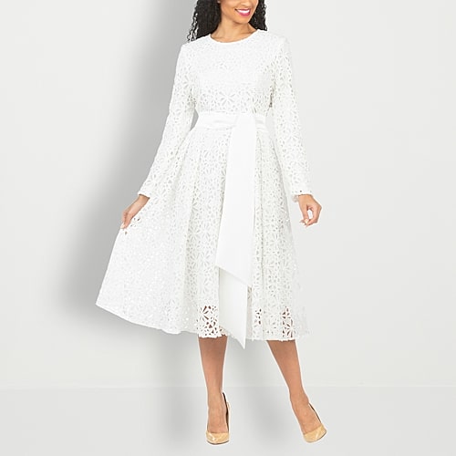 Giovanna Signature Womens Midi Round Neck Long Sleeve Fitted Eyelet Fit + Flare Dress, 10, White Giovanna Signature Womens Midi Round Neck Long Sleeve Fitted Eyelet Fit + Flare Dress, 10, White