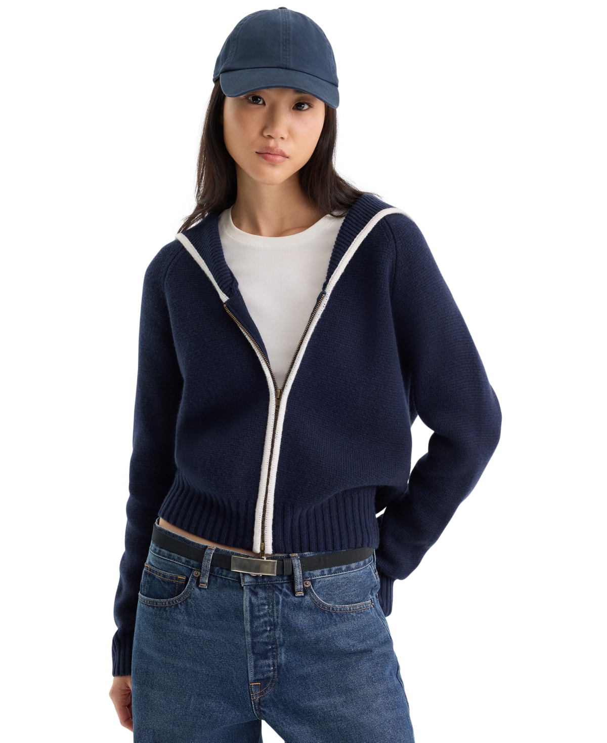 Good American Women’s Knit Sailor Zip-Up Sweater – New Navy Good American Women’s Knit Sailor Zip-Up Sweater – New Navy
