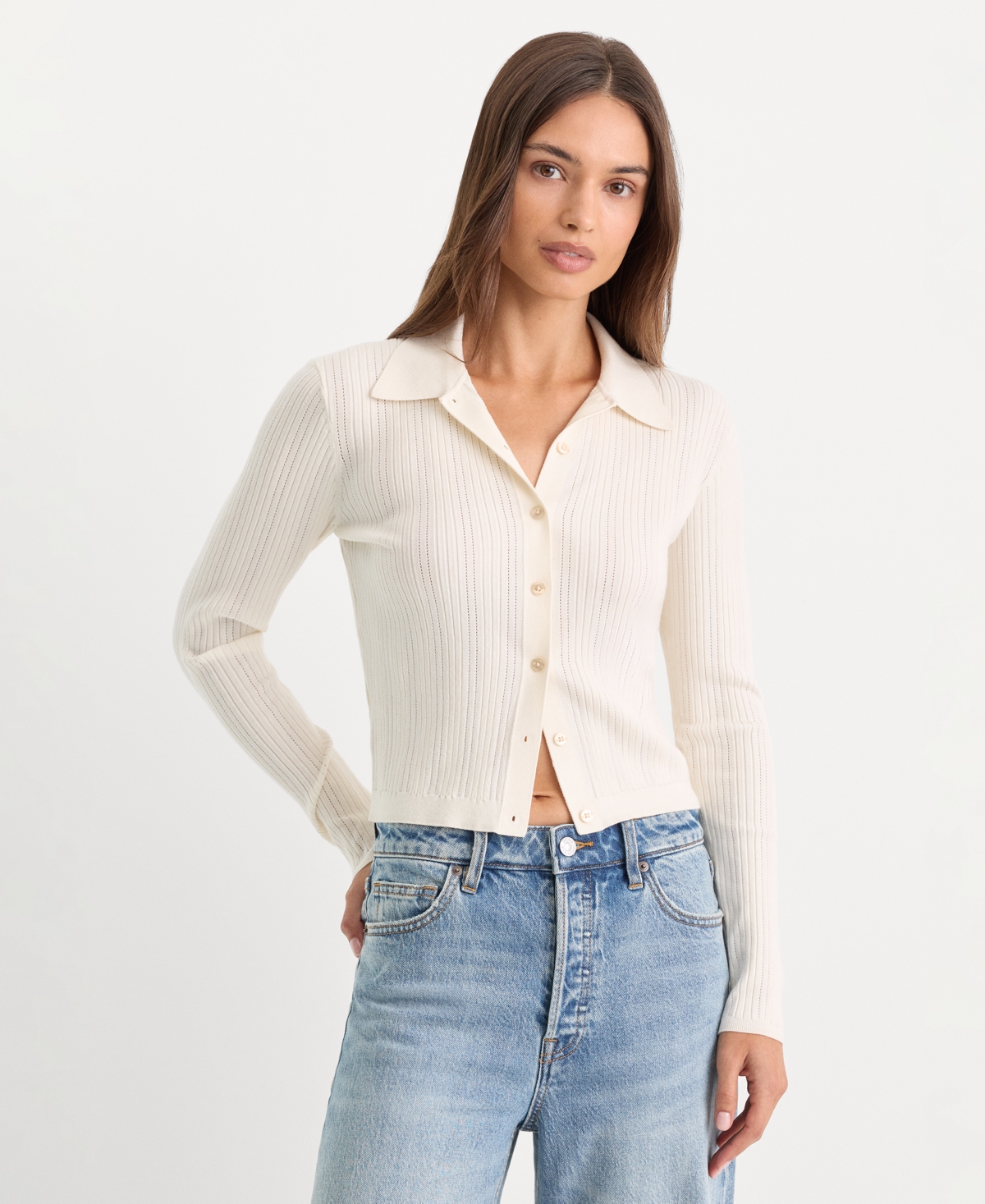 Good American Women’s Long-Sleeve Collared Cardigan – White Good American Women’s Long-Sleeve Collared Cardigan – White