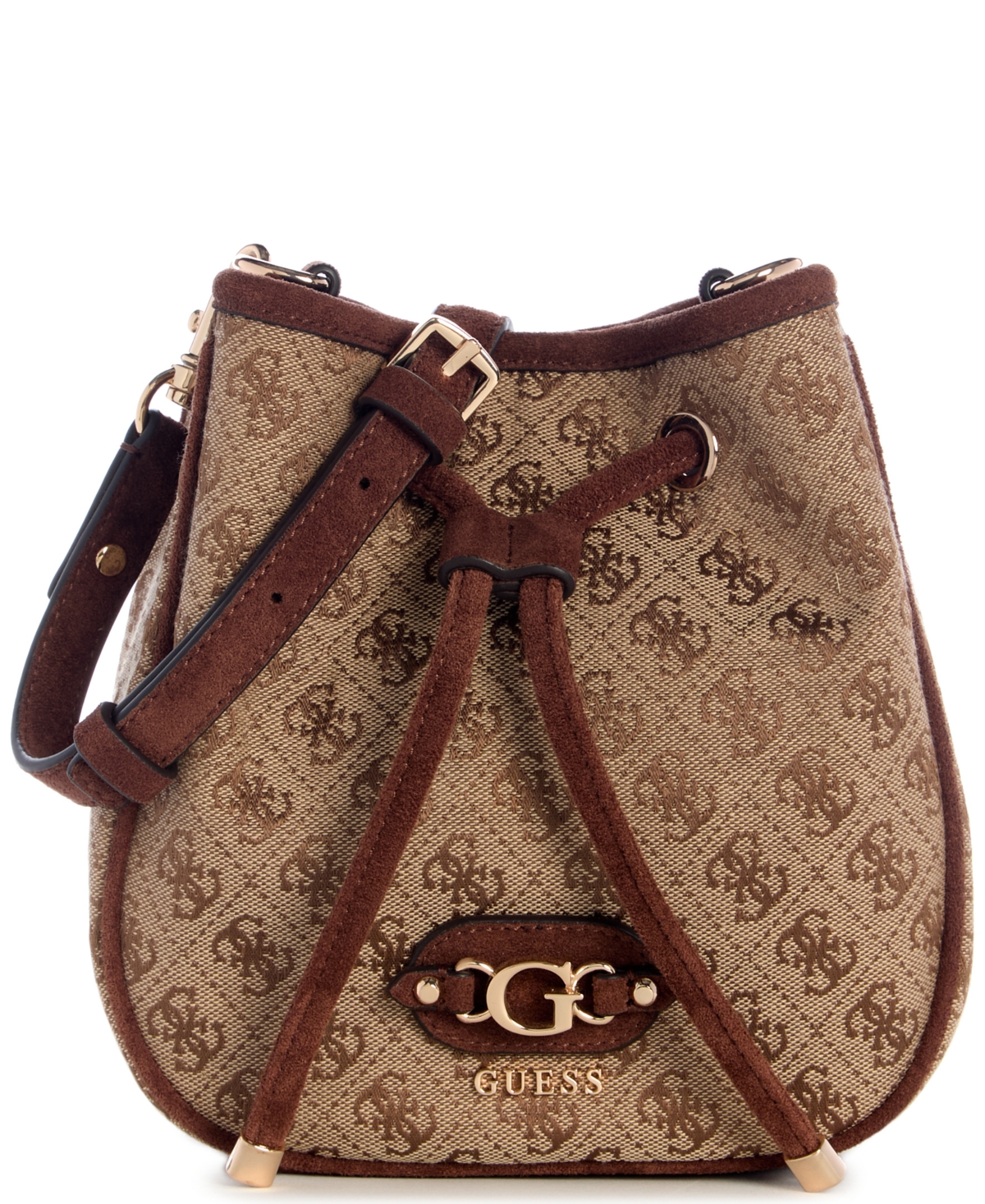 Guess Samantha Small Drawstring Bucket Handbag – Latte Logo Brown