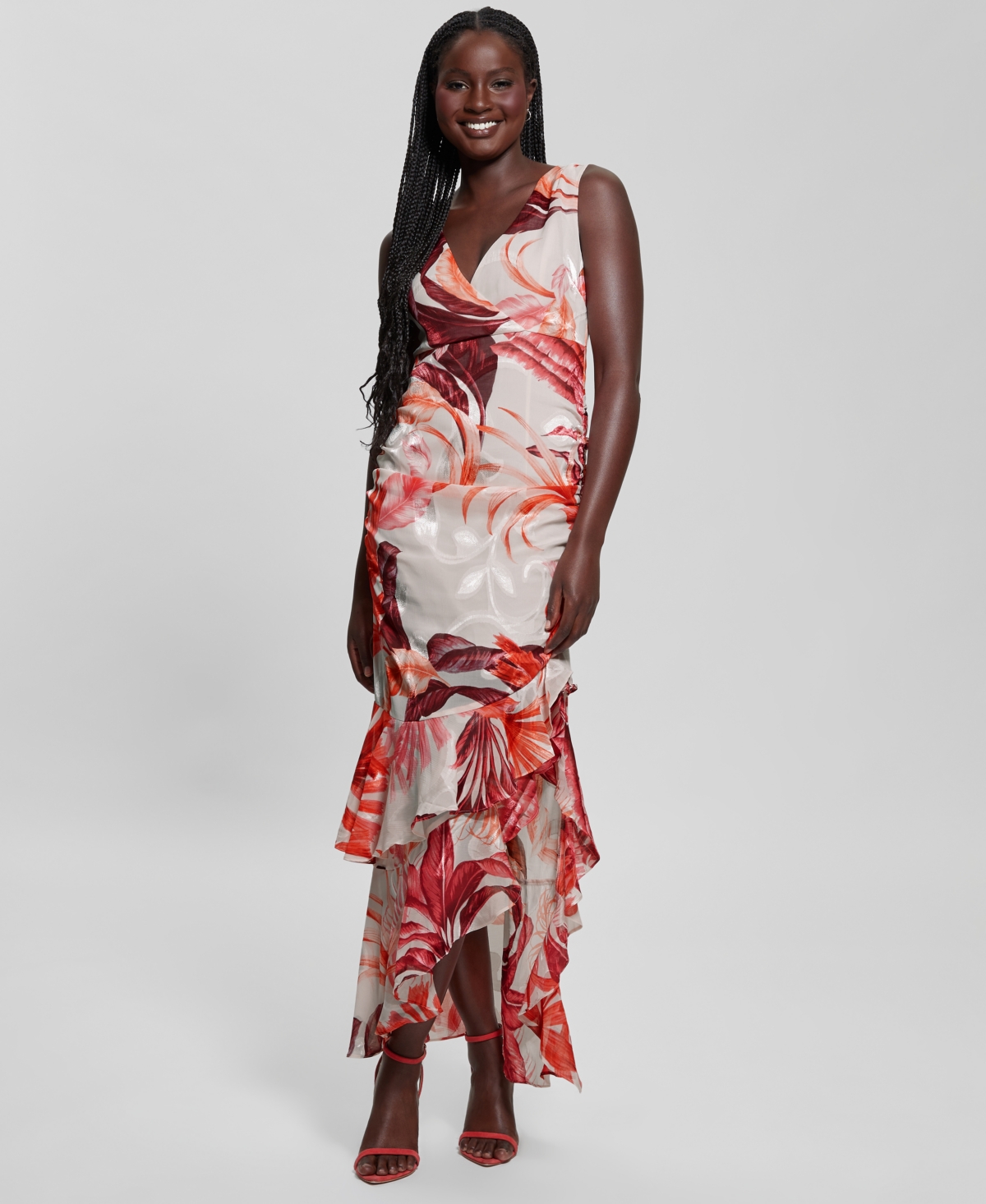 Guess Women’s Ava Printed Mesh Ruffled Maxi Dress – TROPIC ECLIPSE PRINT CORAL Guess Women’s Ava Printed Mesh Ruffled Maxi Dress – TROPIC ECLIPSE PRINT CORAL