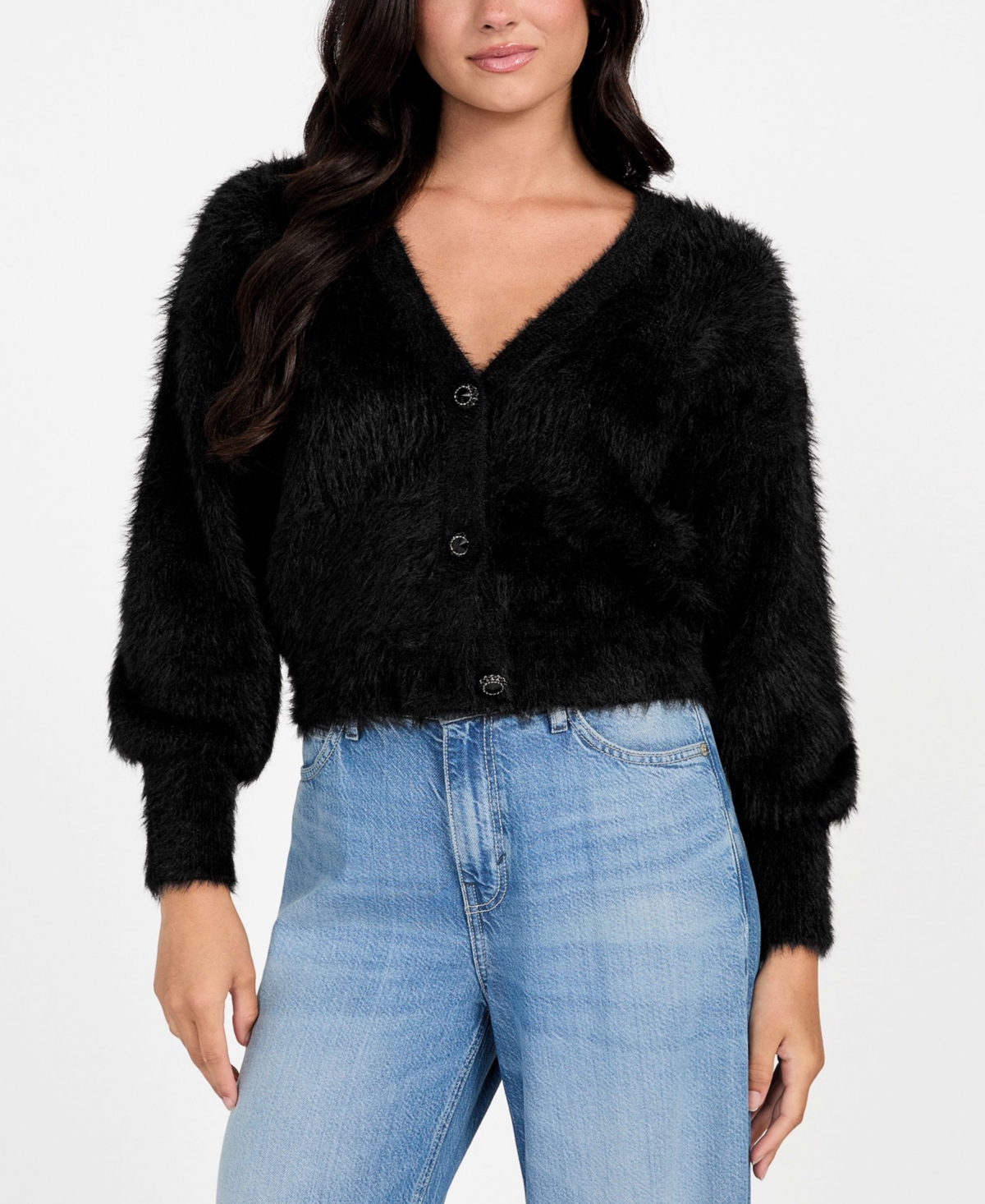Guess Women’s Keyla Rhinestone-Button Cardigan Sweater – Jet Black Guess Women’s Keyla Rhinestone-Button Cardigan Sweater – Jet Black