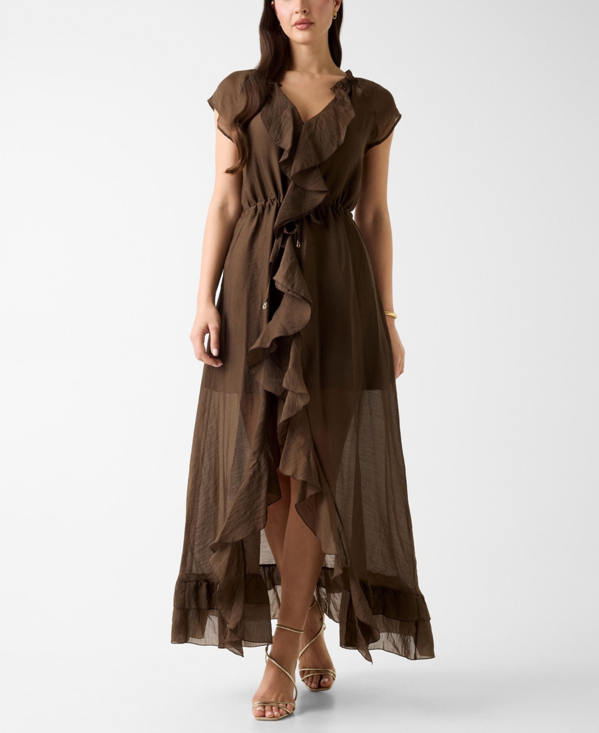 Guess Women’s Maelys Ruffled V-Neck Dress – CoarseBrown Multi Guess Women’s Maelys Ruffled V-Neck Dress – CoarseBrown Multi