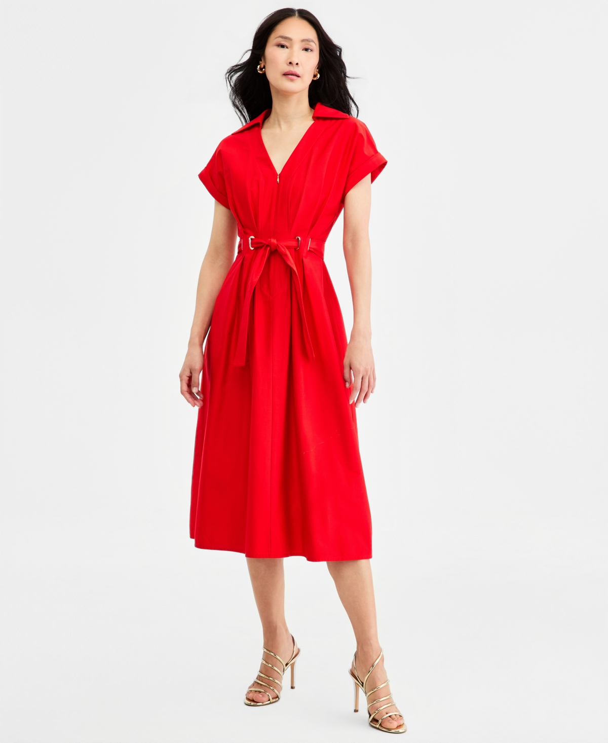 Halston Women’s Collared Belted Grommet-Waist Midi Dress – FIRE RED Halston Women’s Collared Belted Grommet-Waist Midi Dress – FIRE RED