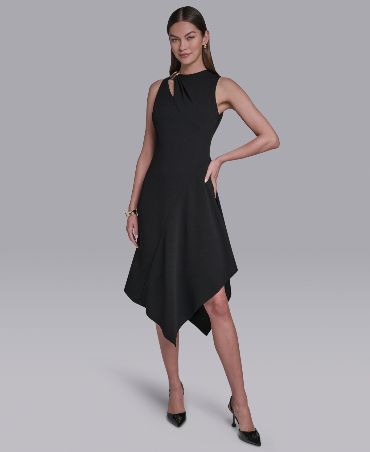 Halston Women’s Keyhole Detail Sleeveless Asymmetrical Hem Midi Dress – Black Halston Women’s Keyhole Detail Sleeveless Asymmetrical Hem Midi Dress – Black