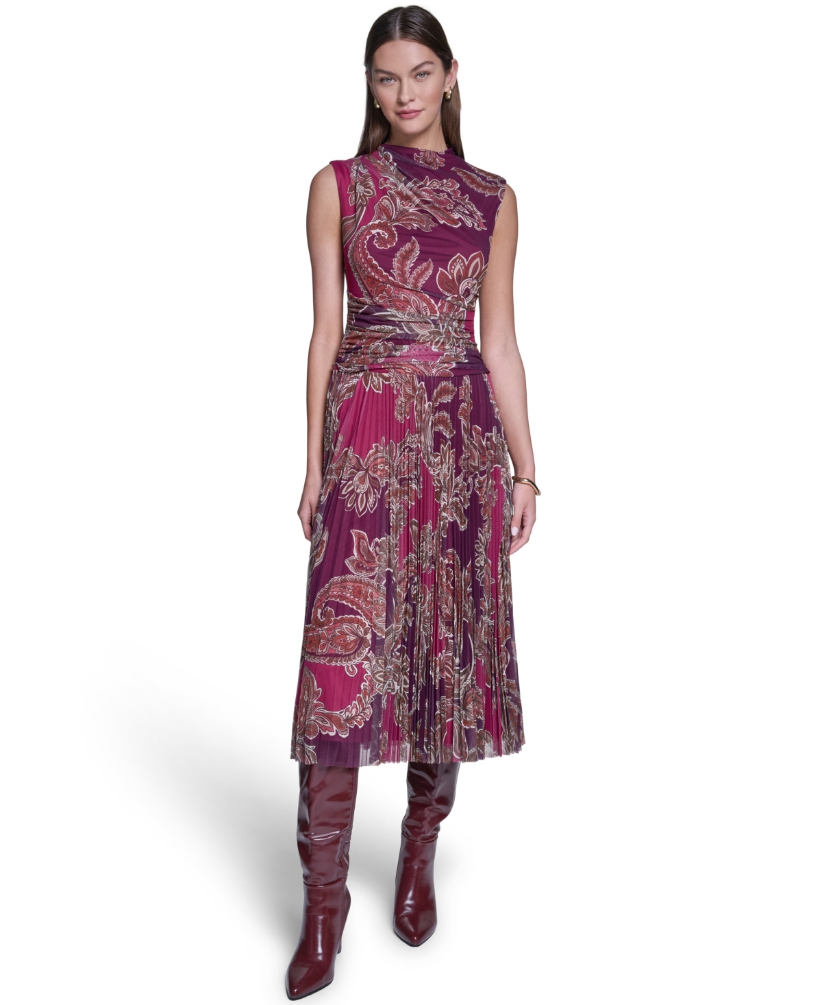 Halston Women’s Mock Neck Mesh Midi Dress – Deep Plum/Berry Multi