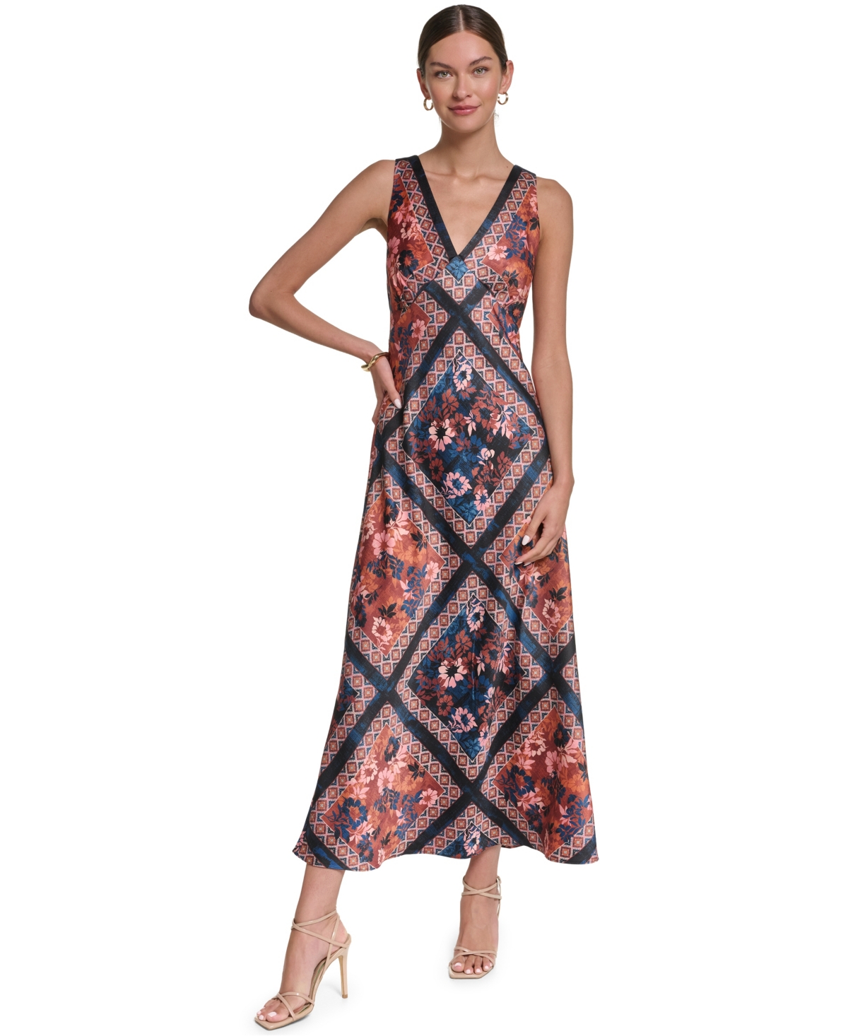 Halston Women’s Printed Satin Dress – Deep Navy Scarf Print Multi