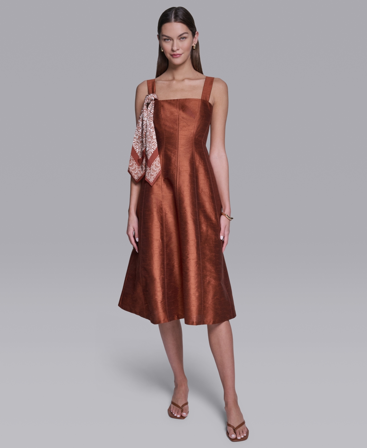 Halston Women’s Sleeveless Detachable Scarf Detail Midi Dress – Cognac Halston Women’s Sleeveless Detachable Scarf Detail Midi Dress – Cognac