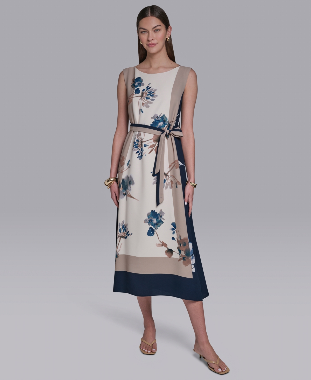 Halston Women’s Sleeveless Self Belt Floral Printed Midi Dress – DEEP NAVY MULTI