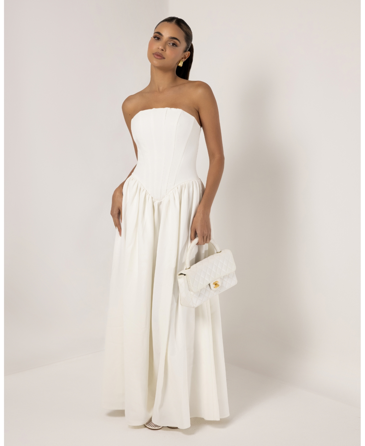 Heiress Beverly Hills Women’s Strapless Corset Crepe Flare Maxi Dress – White Heiress Beverly Hills Women’s Strapless Corset Crepe Flare Maxi Dress – White
