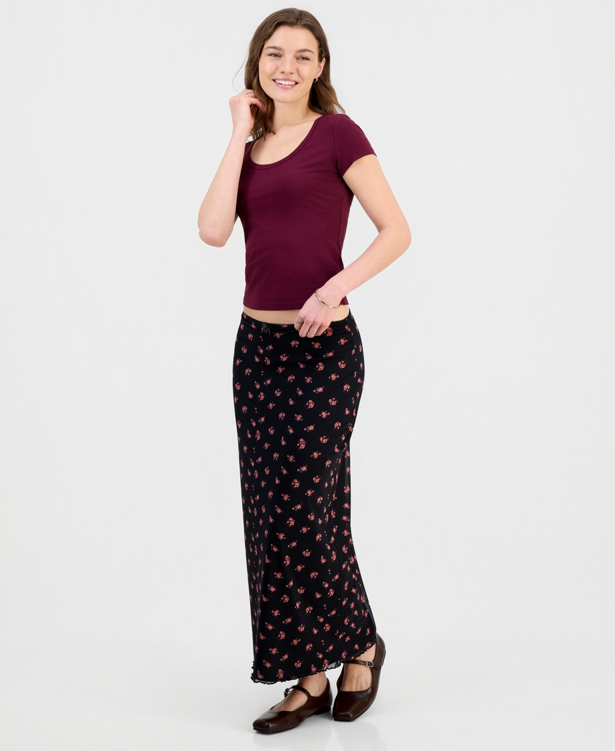 Hippie Rose Juniors’ Printed Mesh Midi Skirt – Black Hippie Rose Juniors’ Printed Mesh Midi Skirt – Black